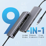 UGREEN 9-in-1 UGREEN USB-C PD to 4Kx2 K HDMI VGA RJ45 3x USB 3.0 SD TF Ca rd - 40873