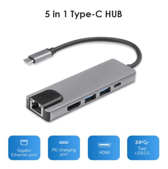 5 in 1 USB Type C Hub to HDTV USB3.0 USB Docking Station RJ45 Gigabit Ethernet Network Adapter for Mackbook Notebook Laptop